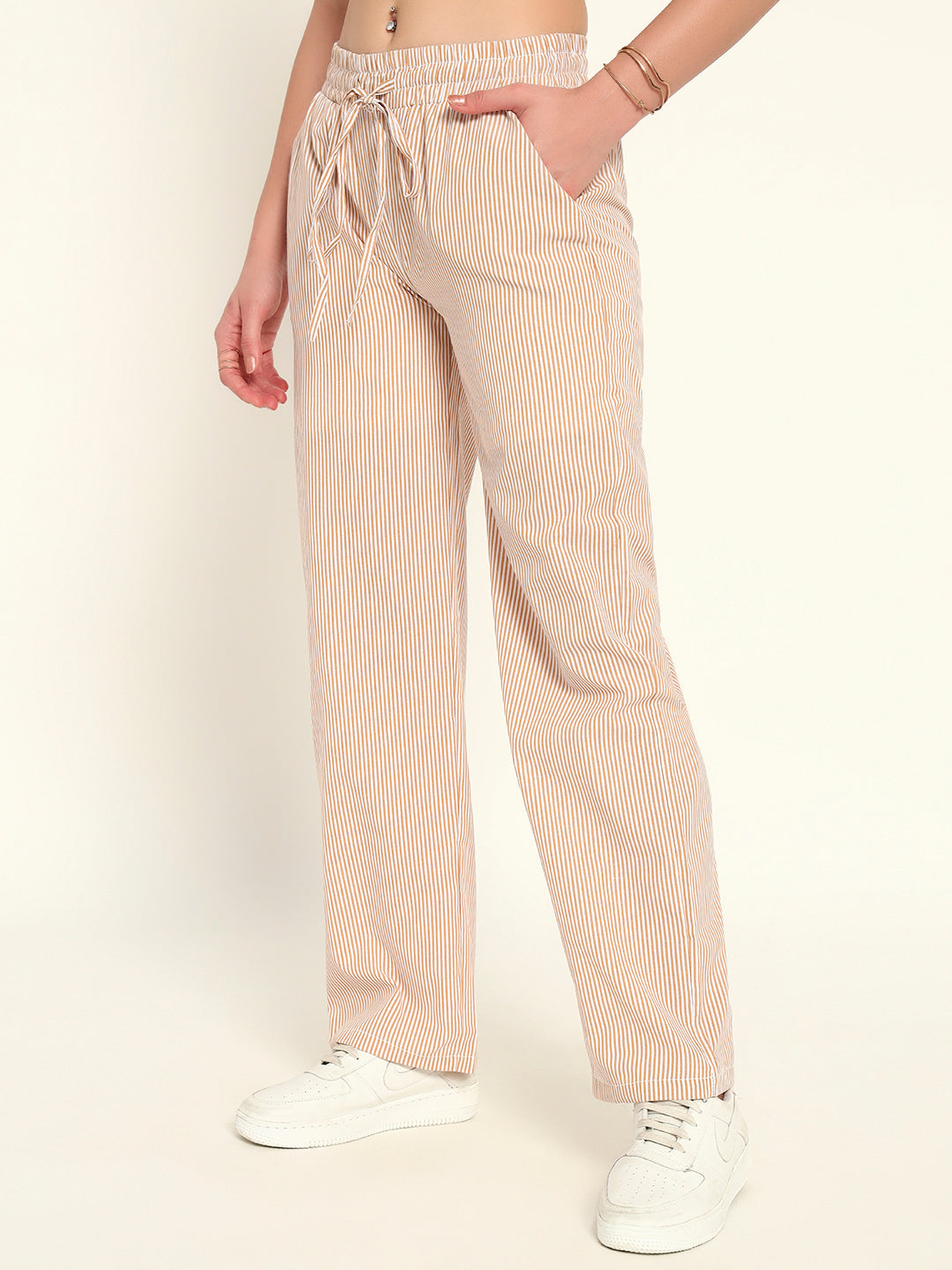 Women's Striped Cotton Lounge Pants-Beige
