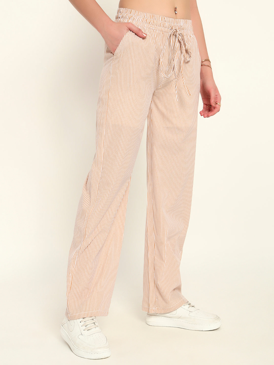 Women's Striped Cotton Lounge Pants-Beige