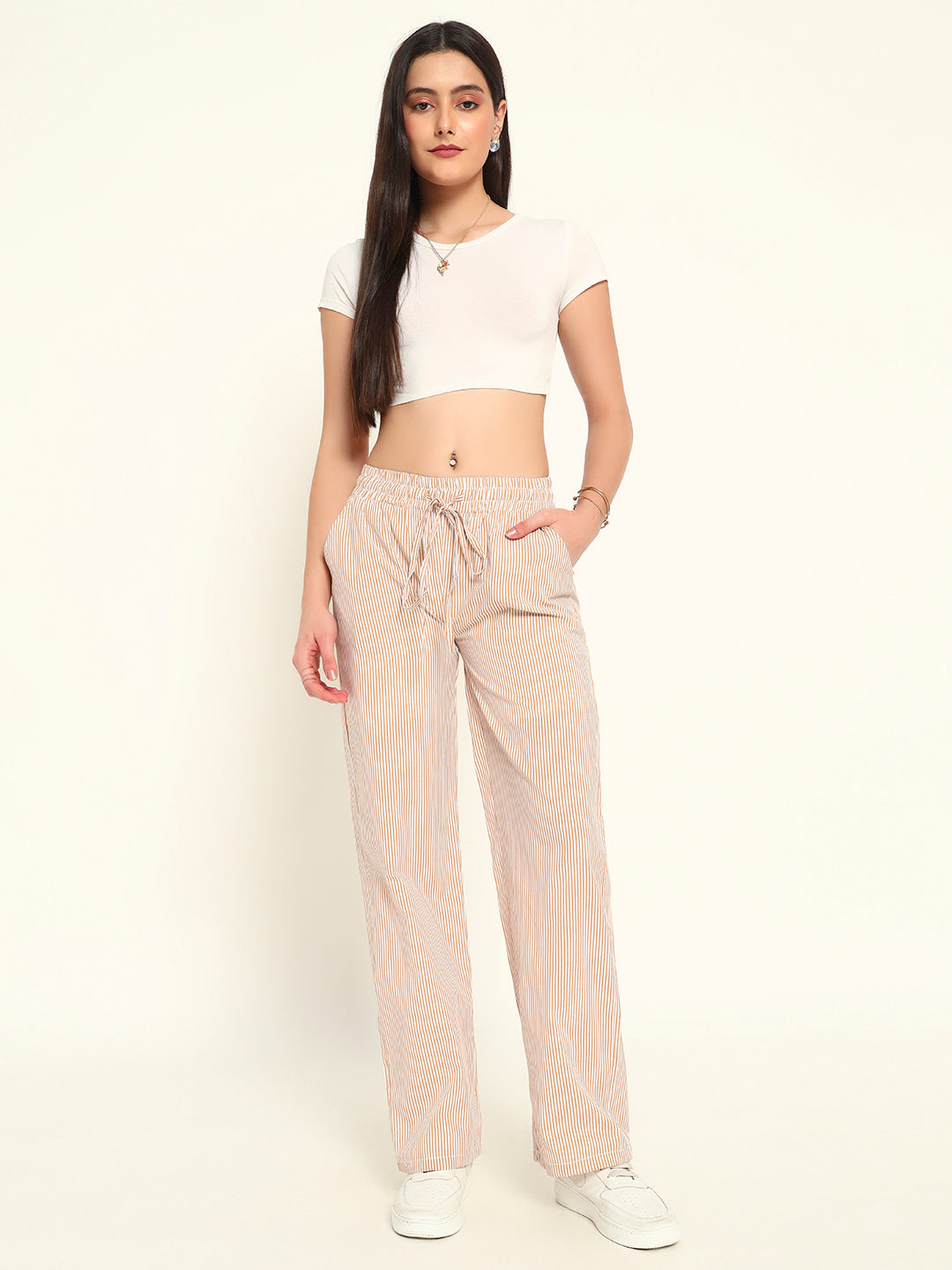 Women's Striped Cotton Lounge Pants-Beige