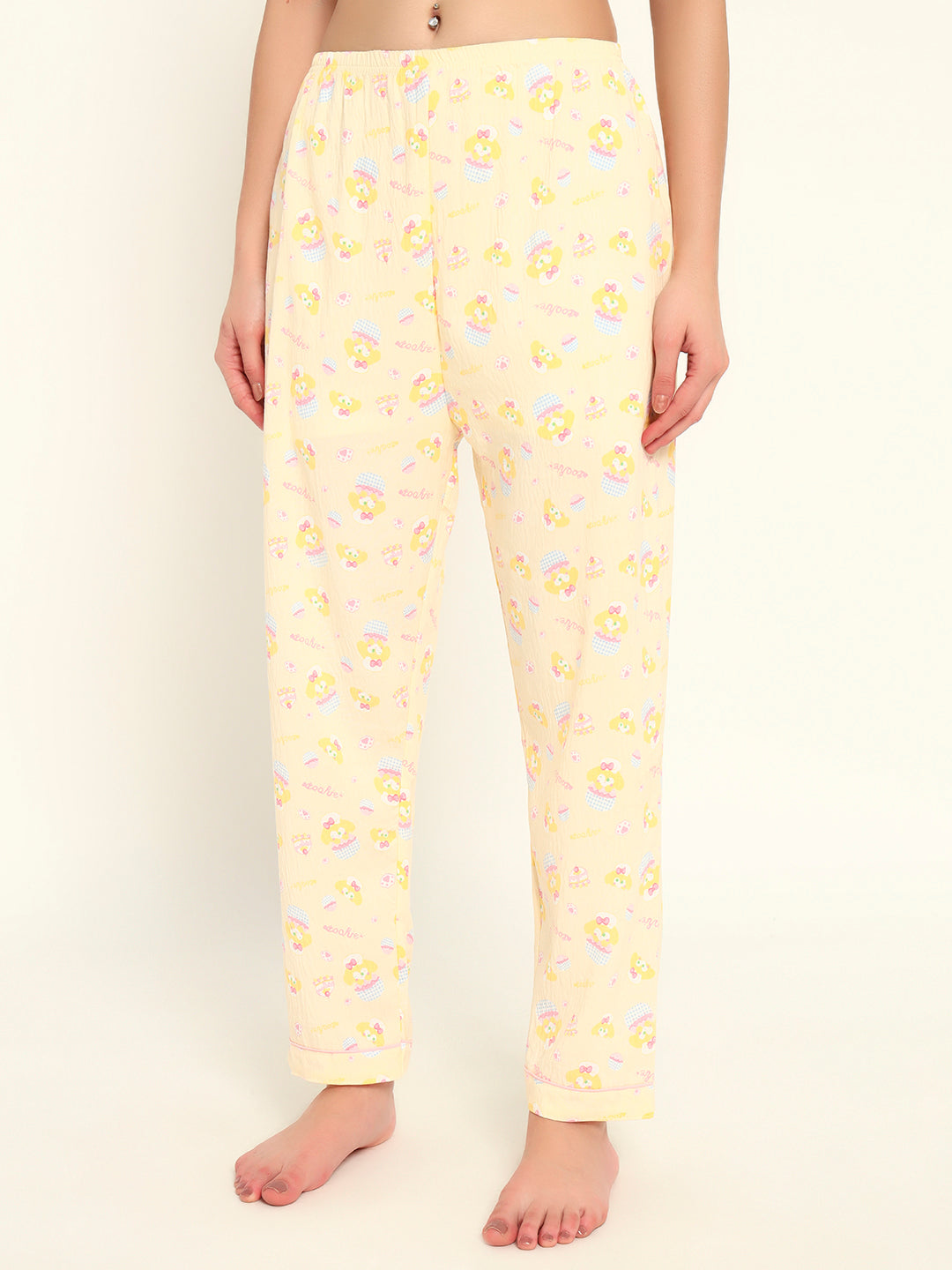 3 pc Korean Night suit Set-Yellow Printed