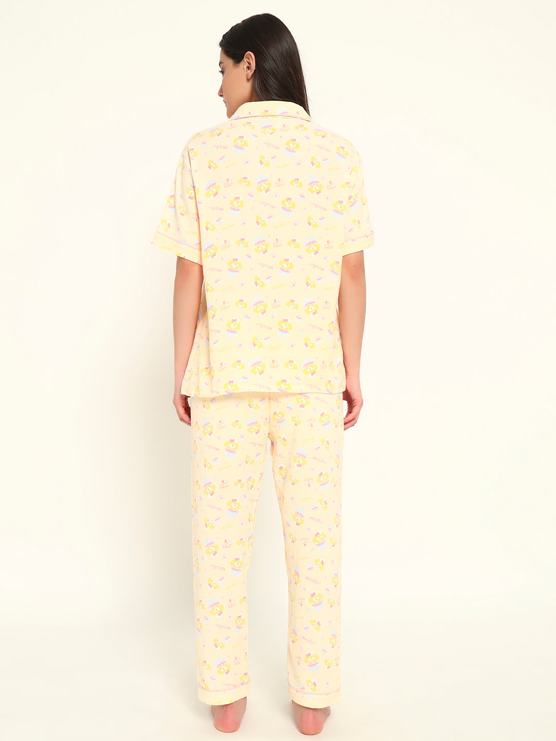 3 pc Korean Night suit Set-Yellow Printed