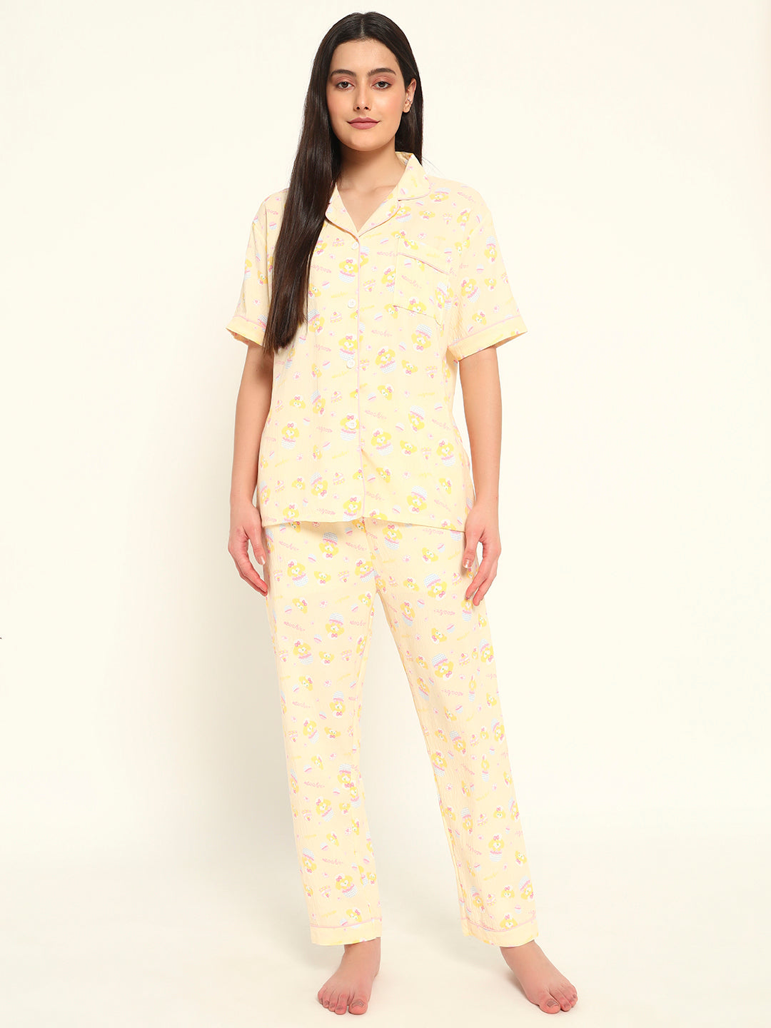3 pc Korean Night suit Set-Yellow Printed