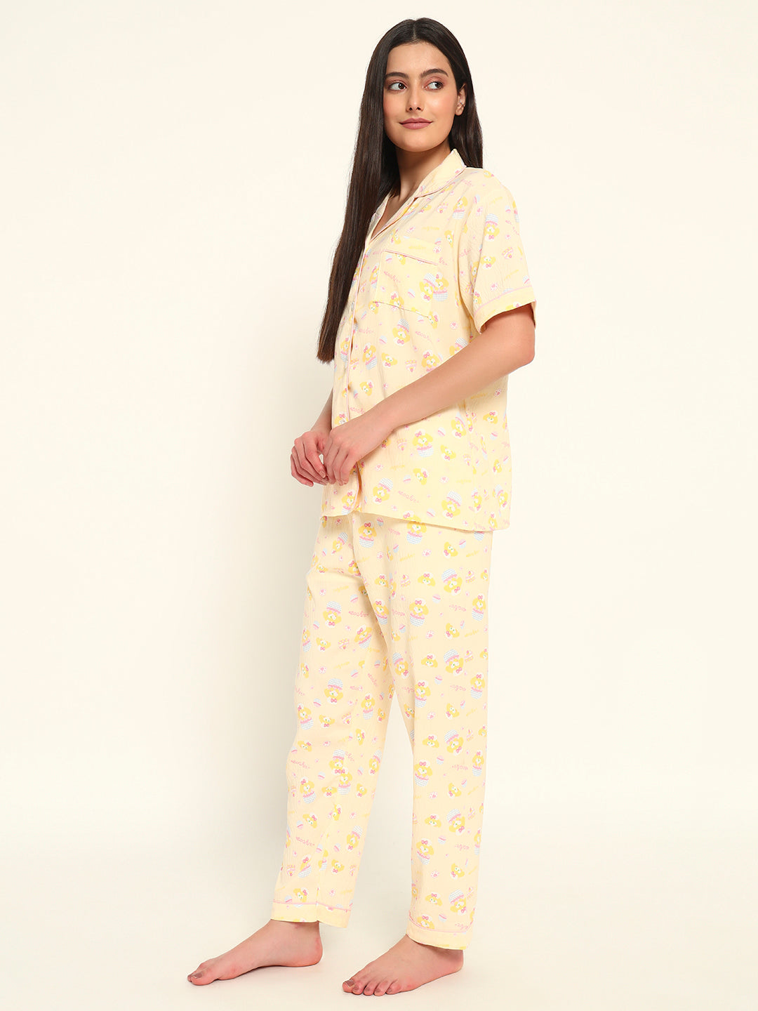 3 pc Korean Night suit Set-Yellow Printed