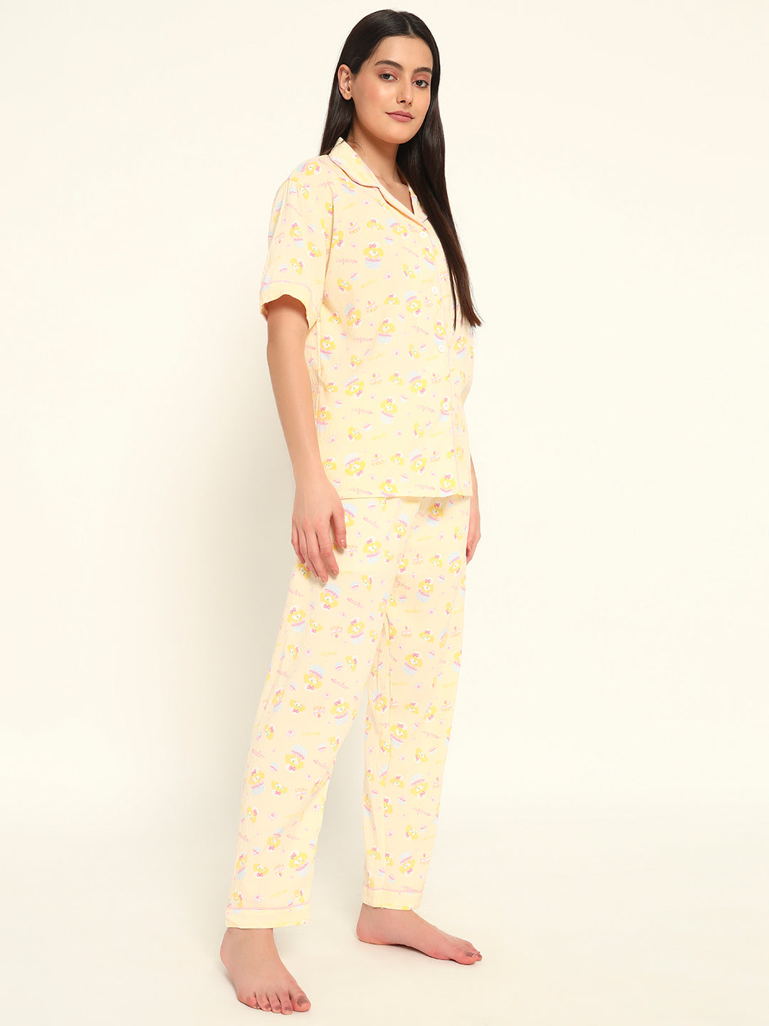 3 pc Korean Night suit Set-Yellow Printed