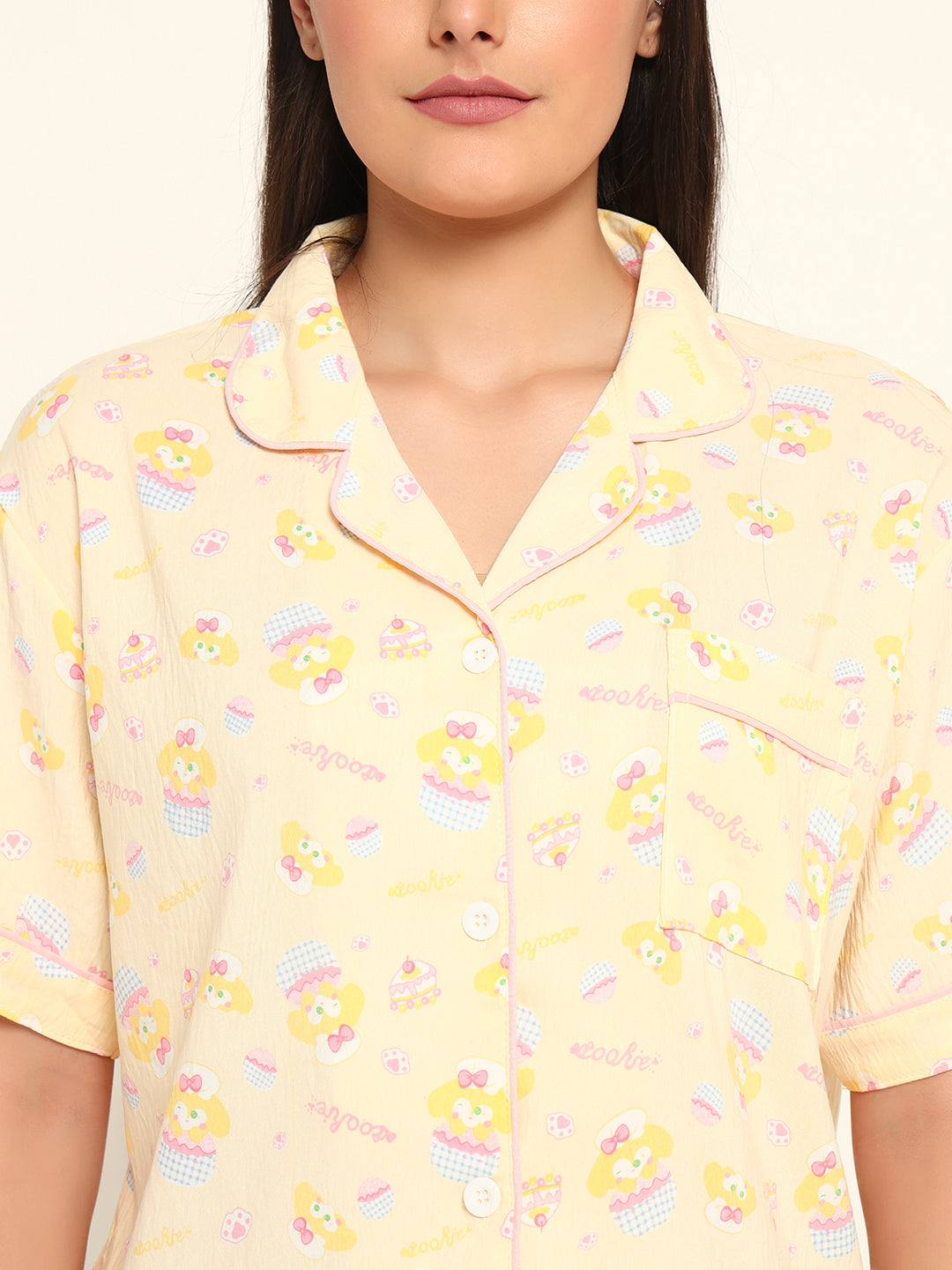 3 pc Korean Night suit Set-Yellow Printed