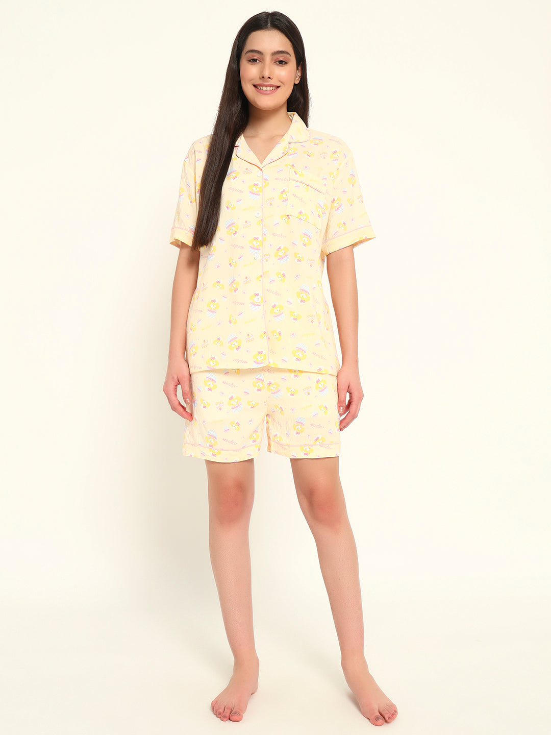 3 pc Korean Night suit Set-Yellow Printed