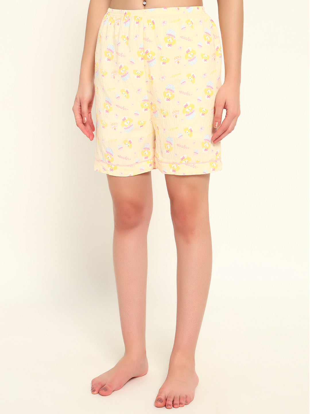 3 pc Korean Night suit Set-Yellow Printed