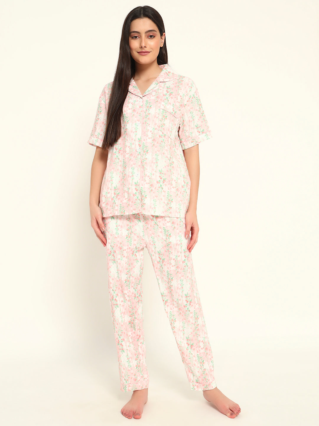 3 pc Korean Night suit Set-Pink floral