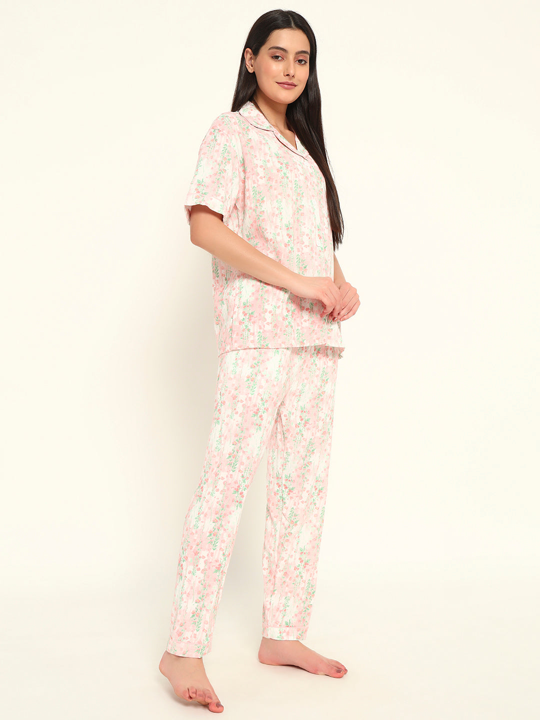 3 pc Korean Night suit Set-Pink floral