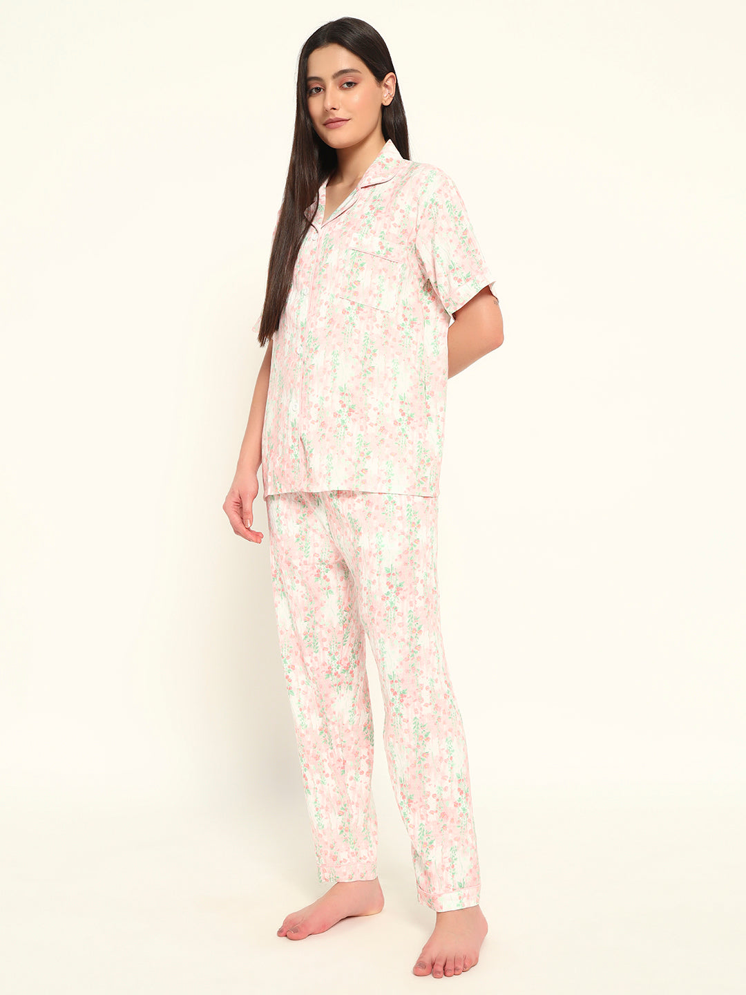 3 pc Korean Night suit Set-Pink floral