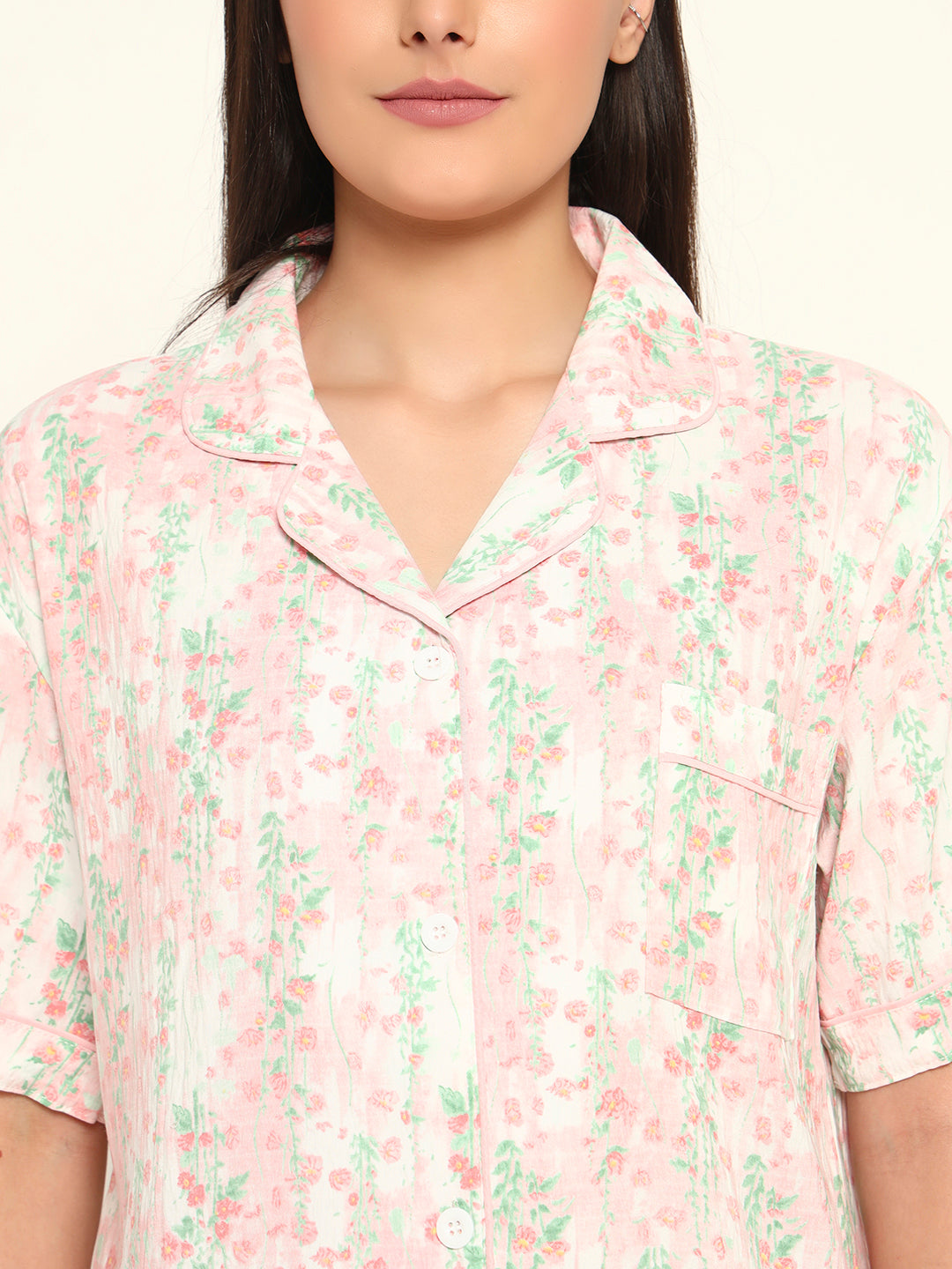 3 pc Korean Night suit Set-Pink floral