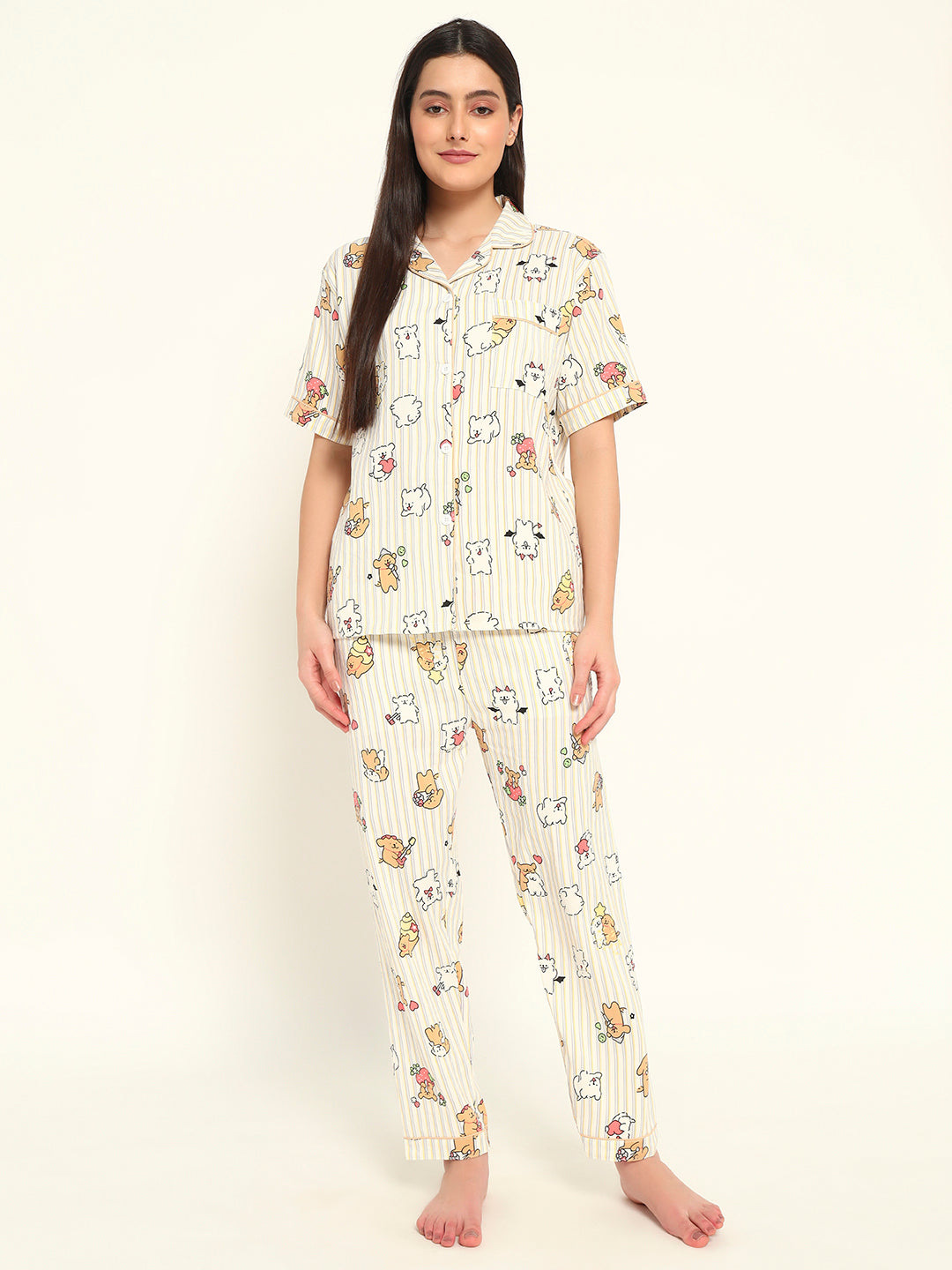 3 pc Korean Night suit Set-Striped Printed