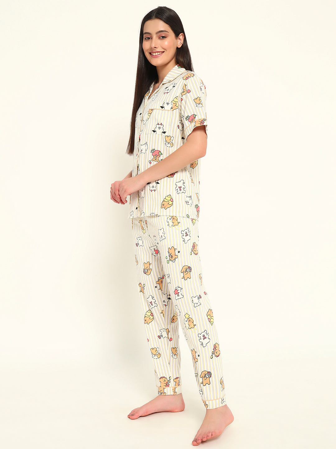 3 pc Korean Night suit Set-Striped Printed