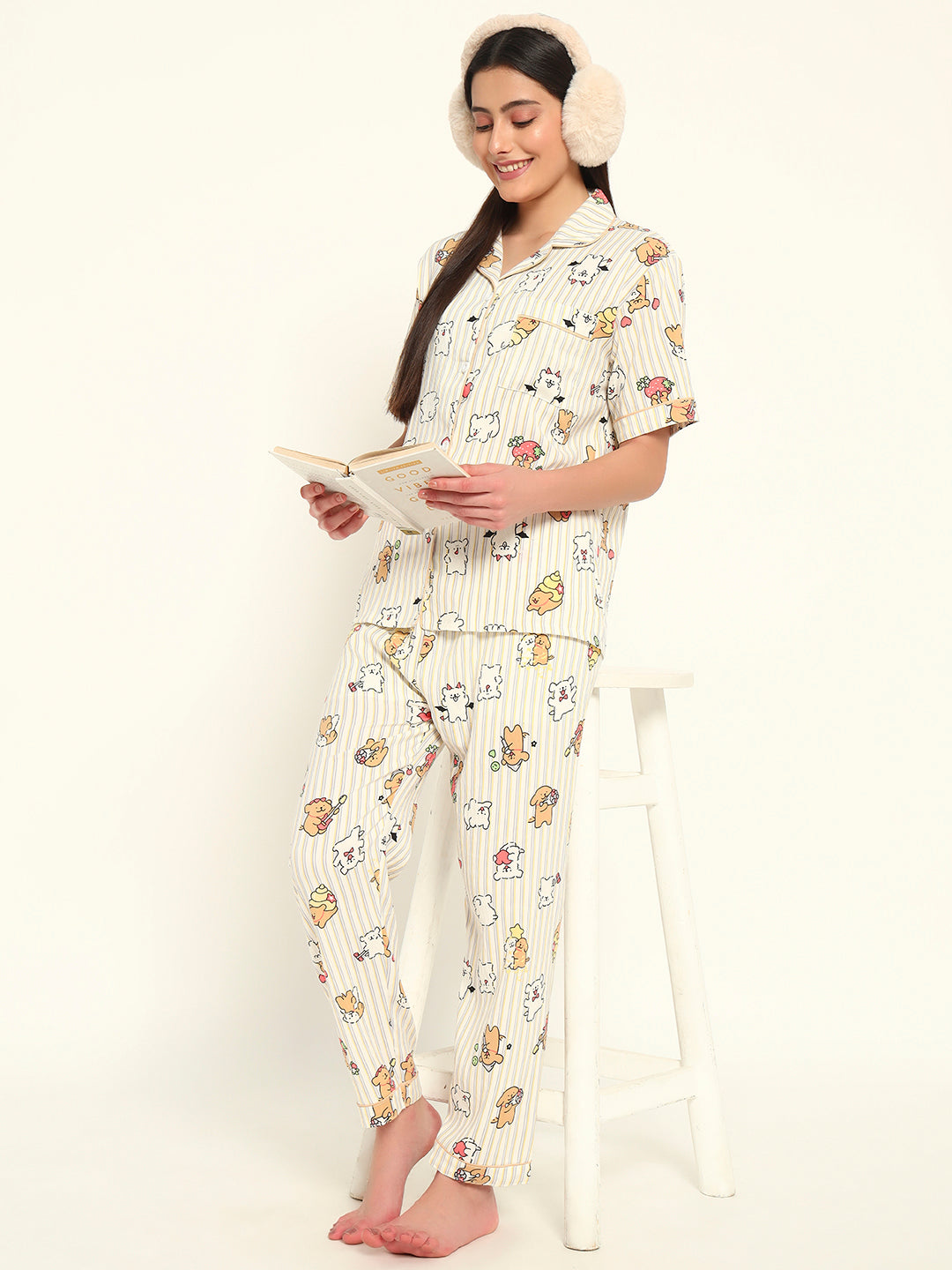 3 pc Korean Night suit Set-Striped Printed