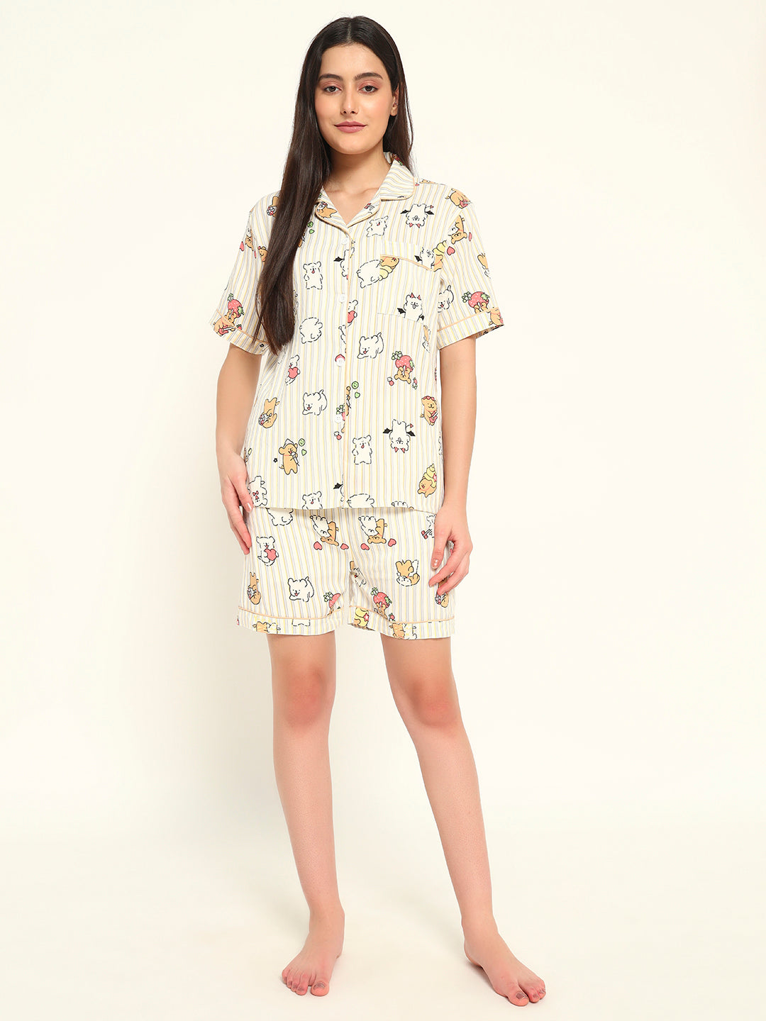 3 pc Korean Night suit Set-Striped Printed