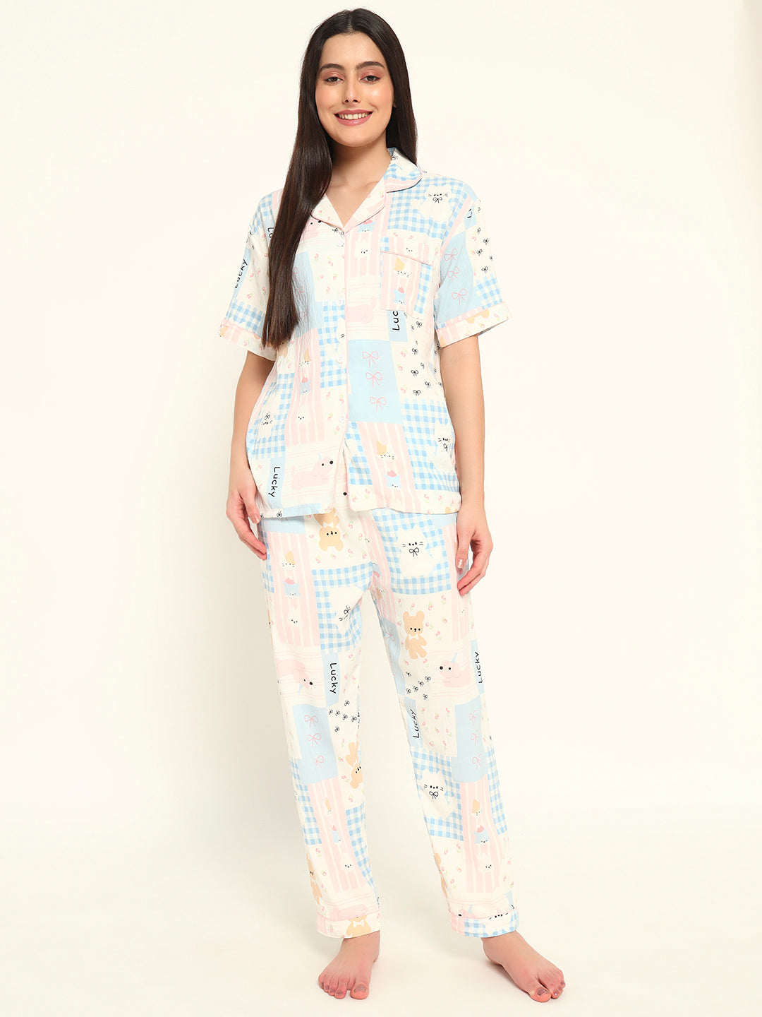 3 pc Korean Night suit Set-Pink Blue
