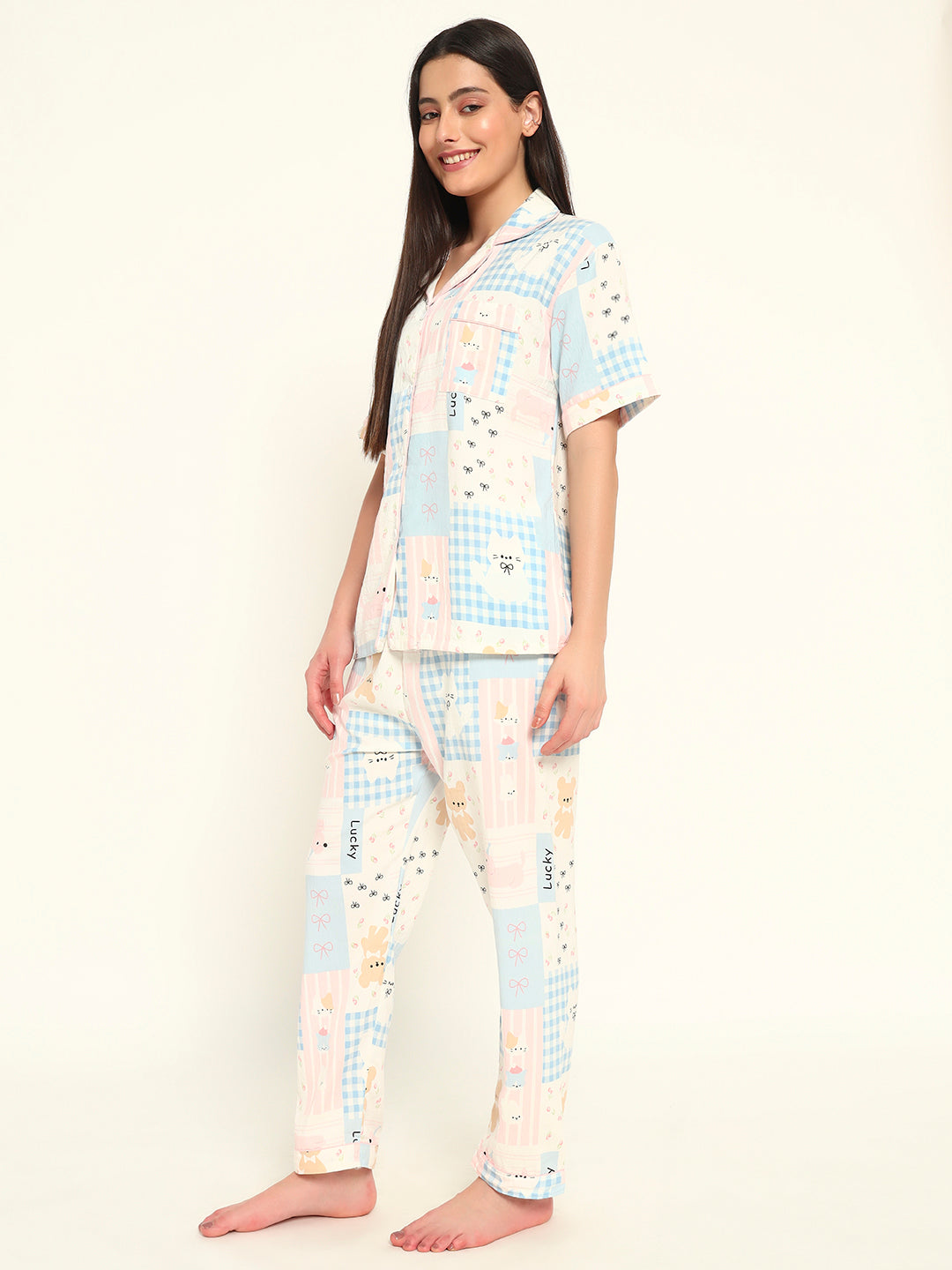 3 pc Korean Night suit Set-Pink Blue