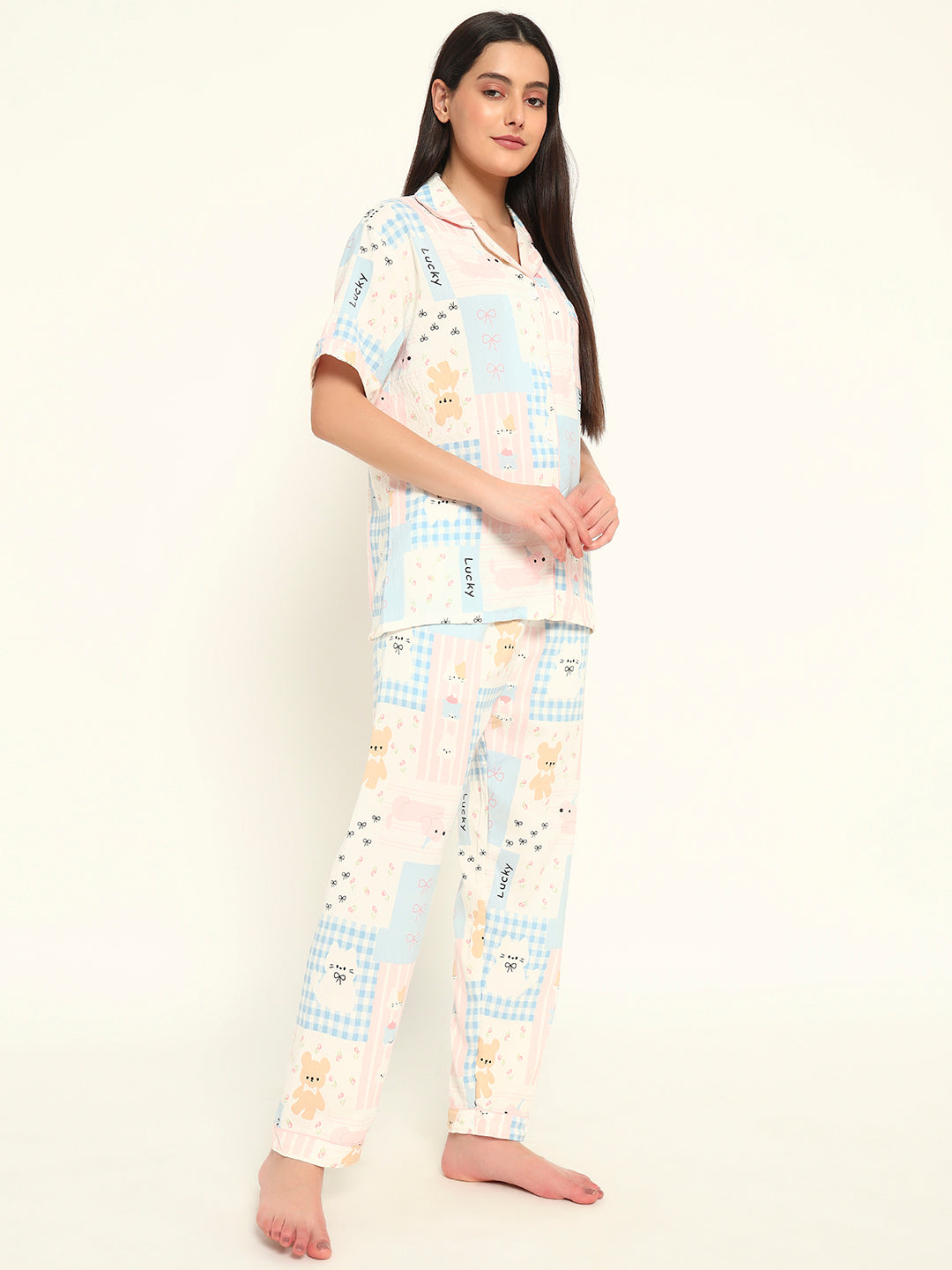 3 pc Korean Night suit Set-Pink Blue
