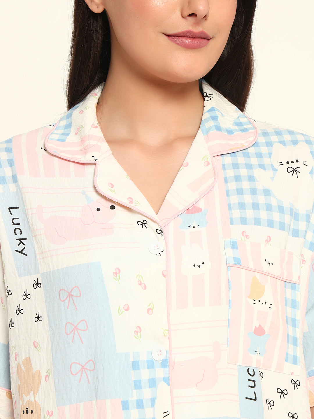 3 pc Korean Night suit Set-Pink Blue