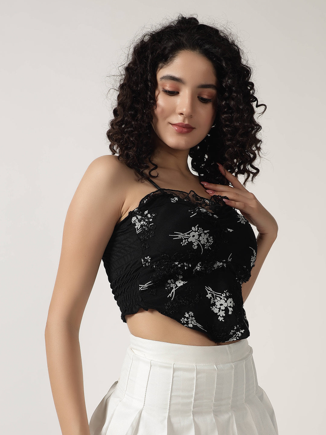 RUCHED FLORAL PADDED TOP BLACK