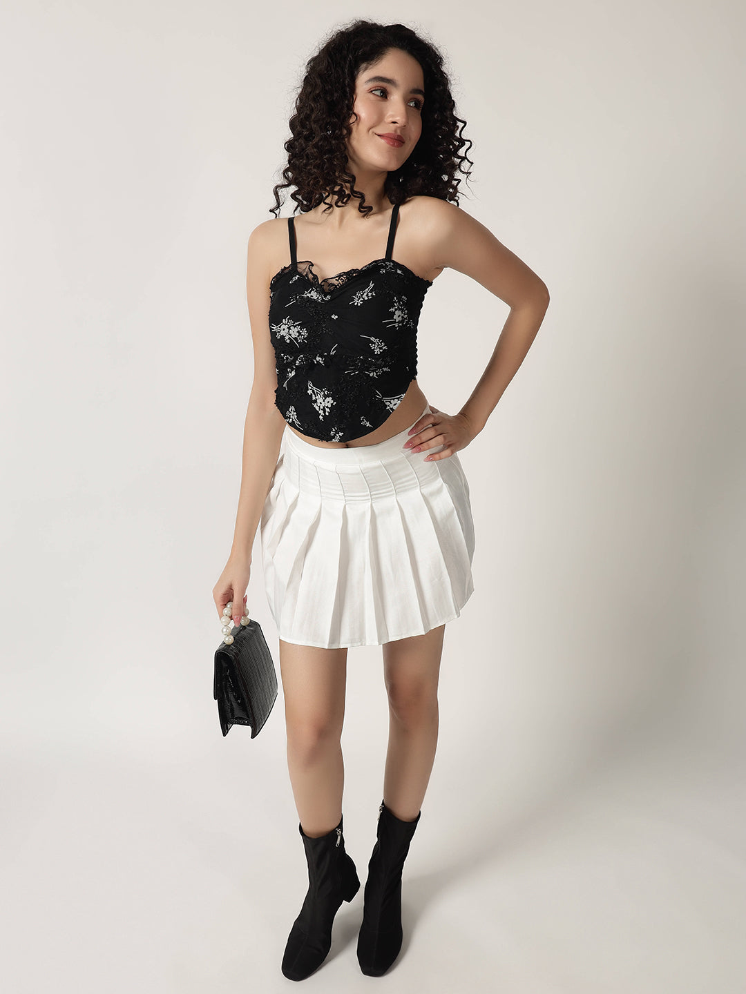 RUCHED FLORAL PADDED TOP BLACK
