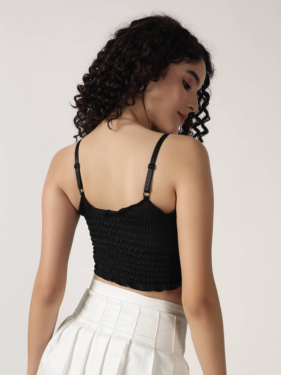 RUCHED FLORAL PADDED TOP BLACK