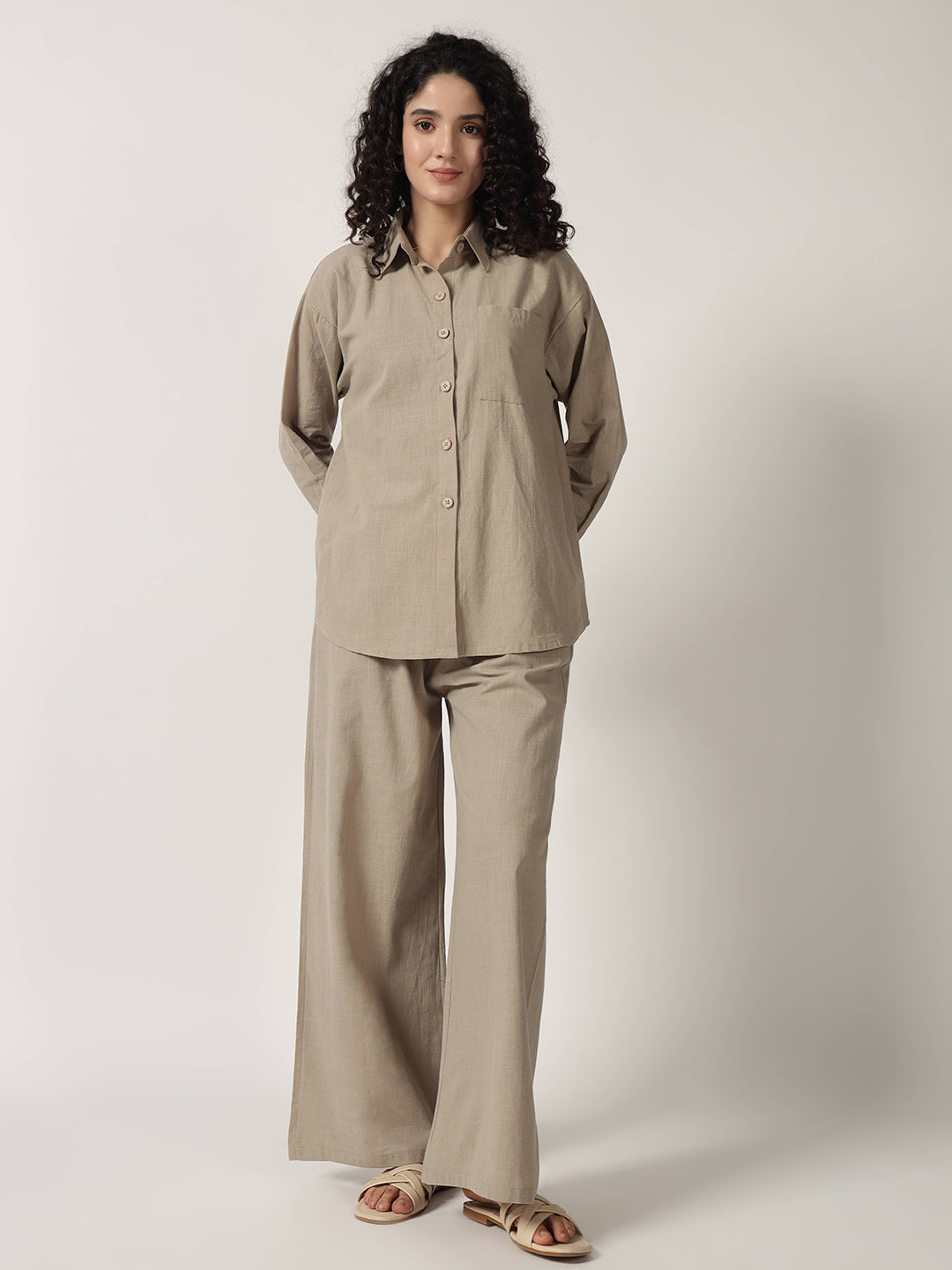 PURE LINEN OVERSIZED CO ORDS ASH BROWN