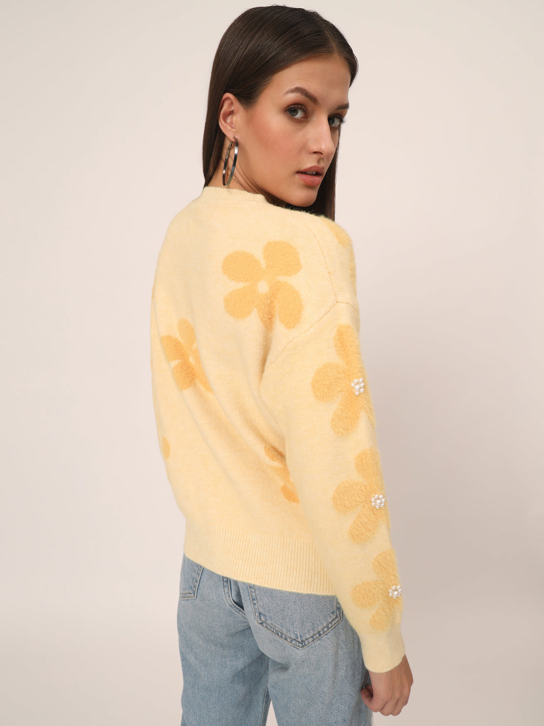 WOMEN SOFT WOOLEN FLOWER TOP-YELLOW