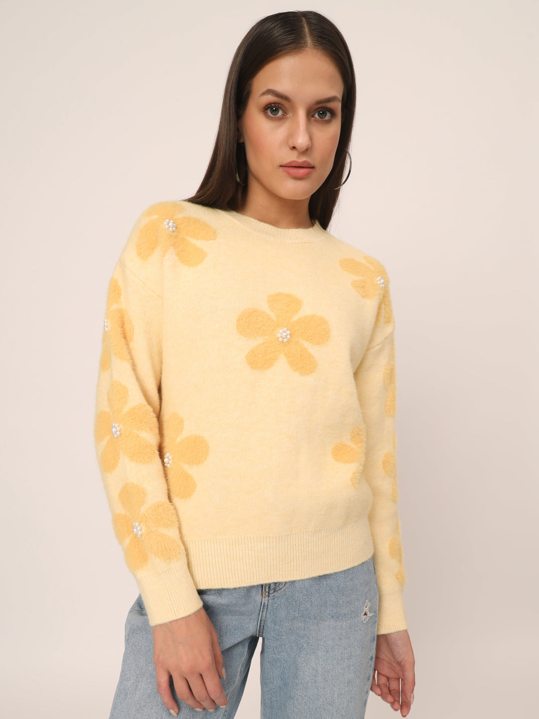 WOMEN SOFT WOOLEN FLOWER TOP-YELLOW