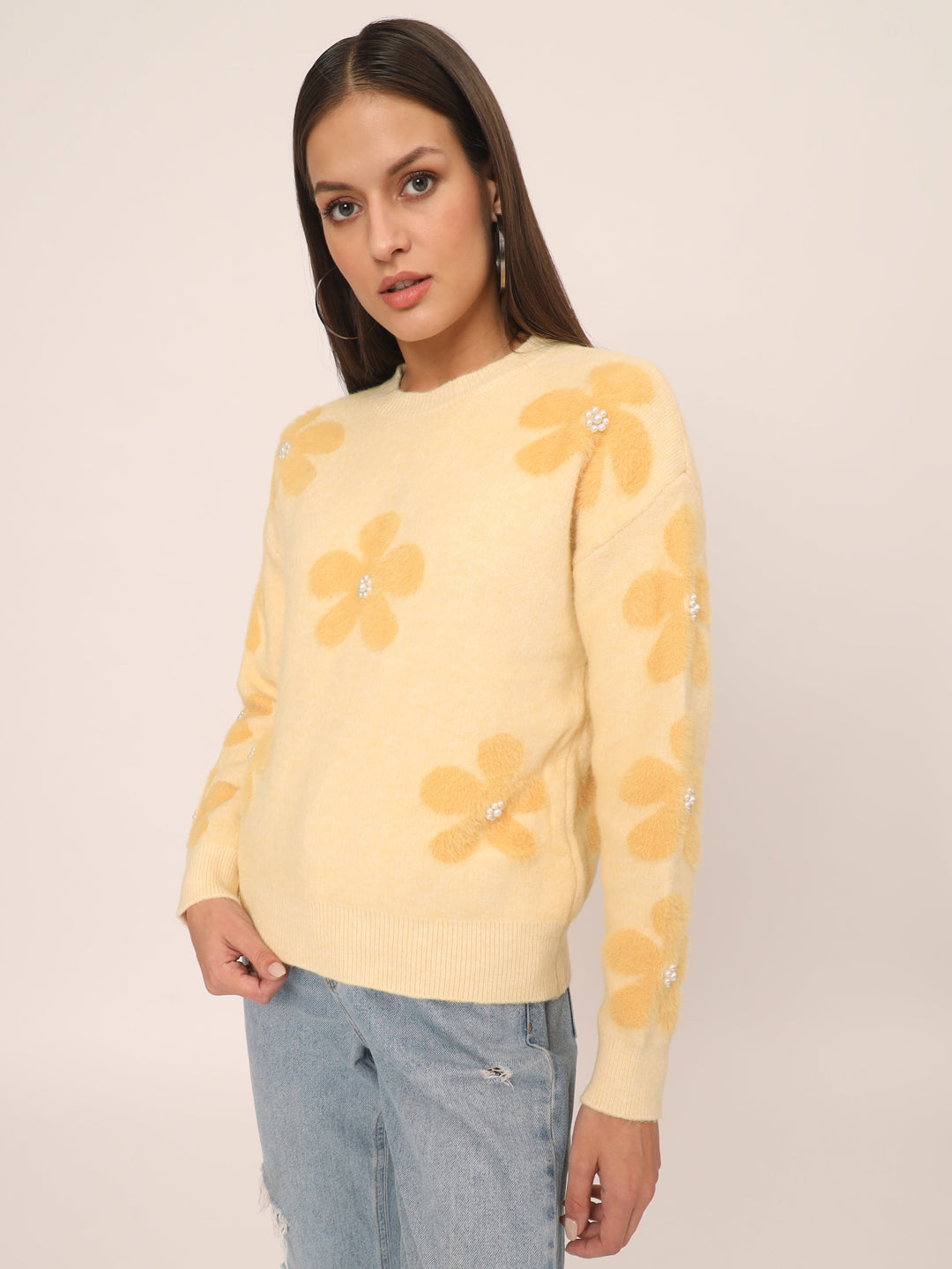 WOMEN SOFT WOOLEN FLOWER TOP-YELLOW