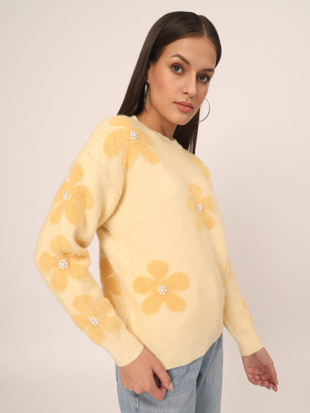 WOMEN SOFT WOOLEN FLOWER TOP-YELLOW