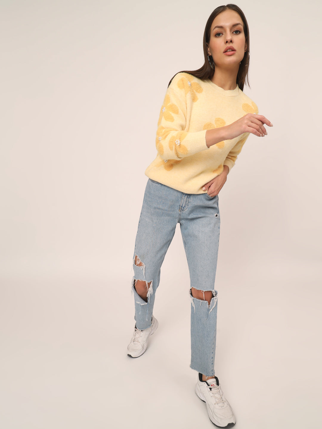 WOMEN SOFT WOOLEN FLOWER TOP-YELLOW