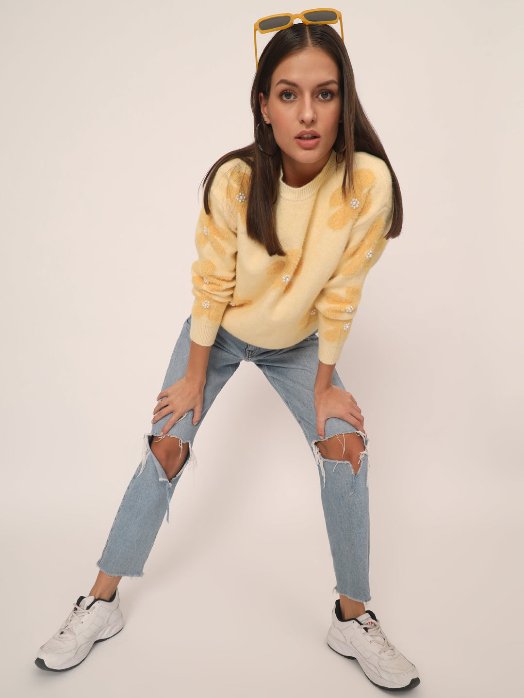 WOMEN SOFT WOOLEN FLOWER TOP-YELLOW