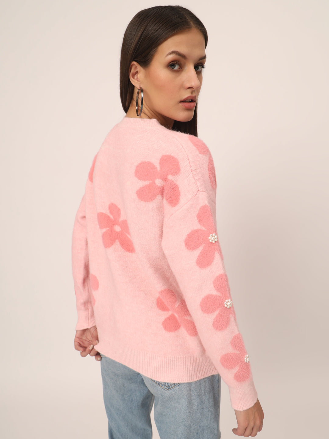 WOMEN SOFT WOOLEN FLOWER TOP-PINK