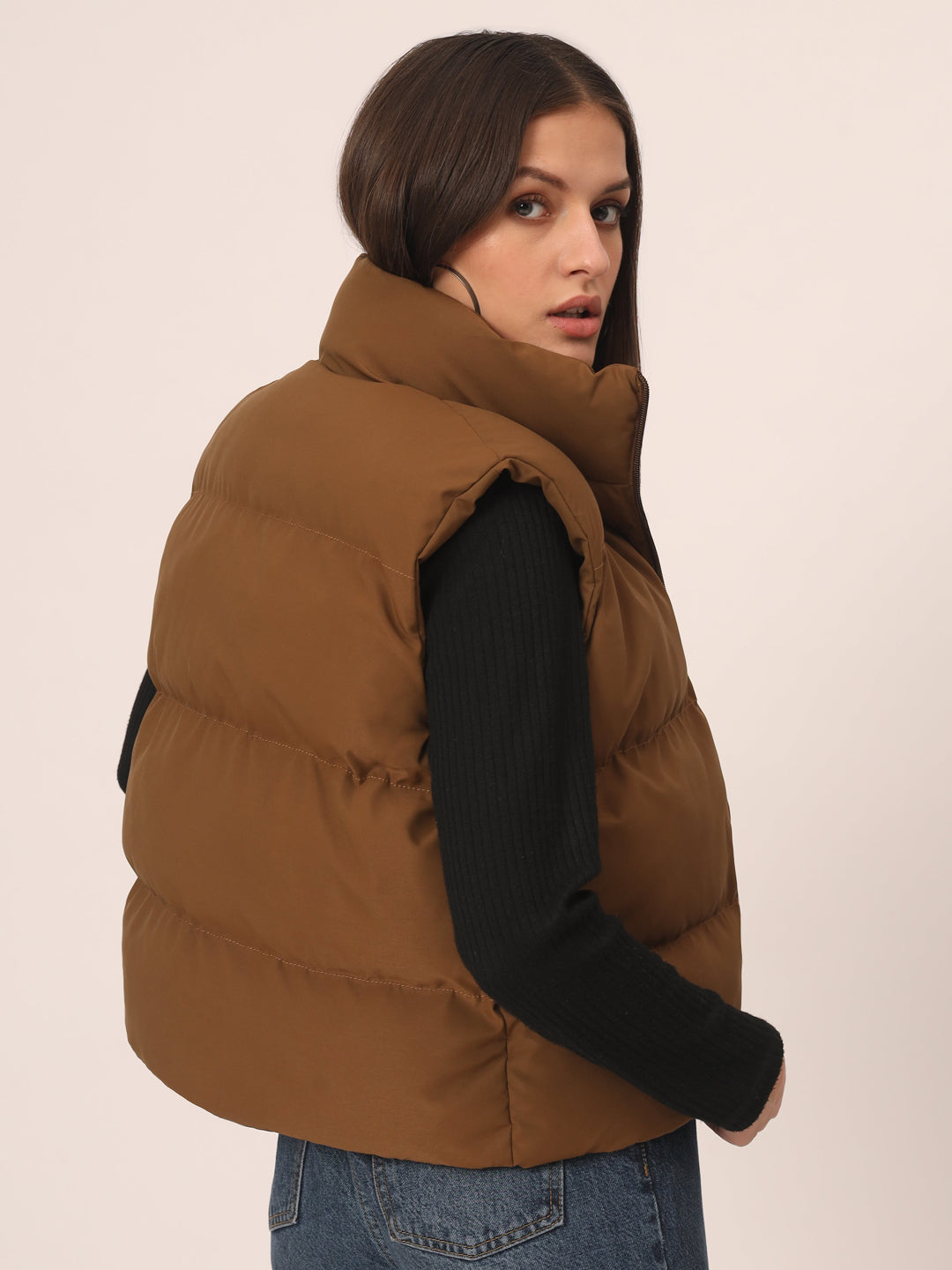 Women Puff Jacket-Brown With Pocket
