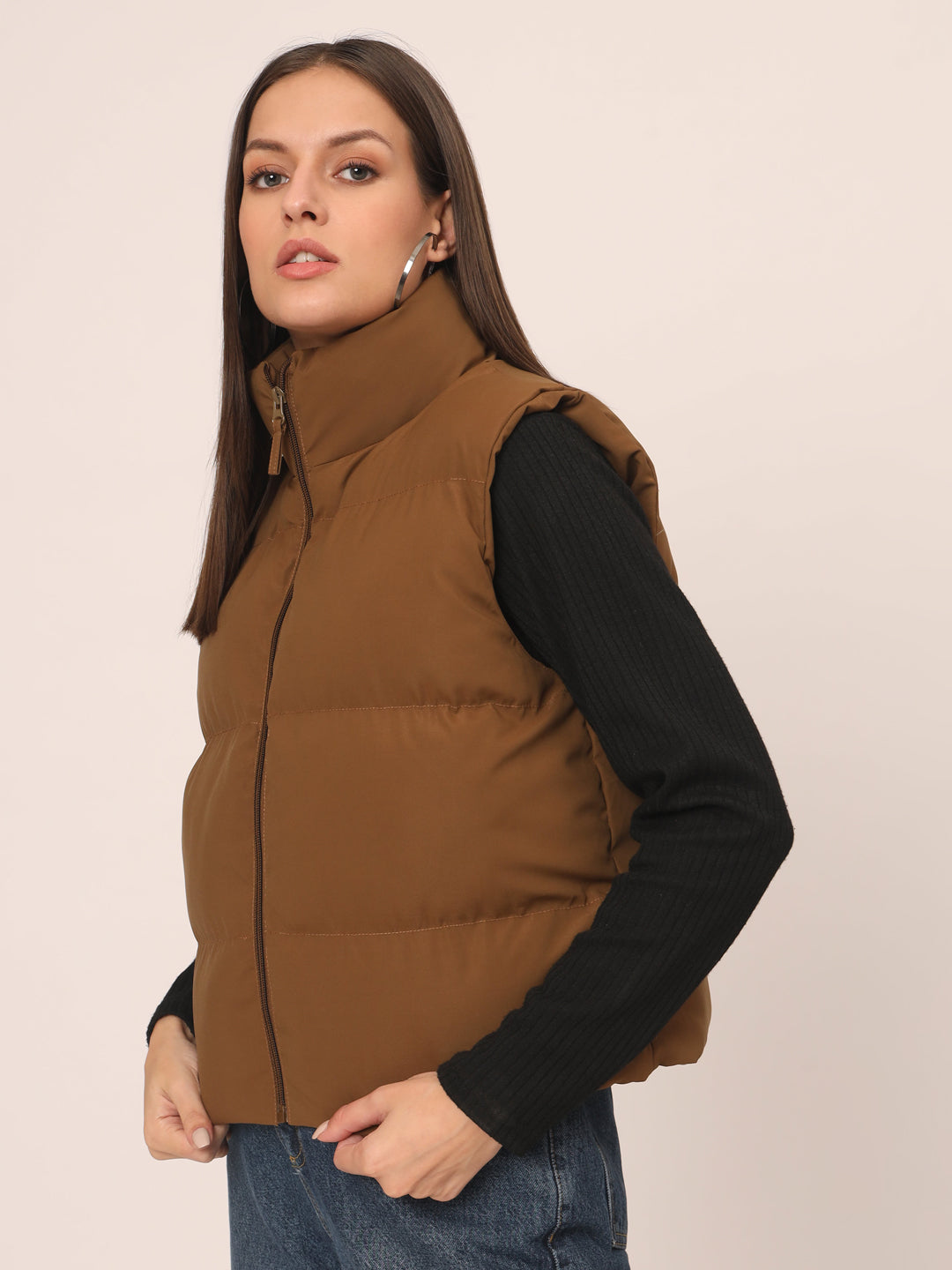 Women Puff Jacket-Brown With Pocket