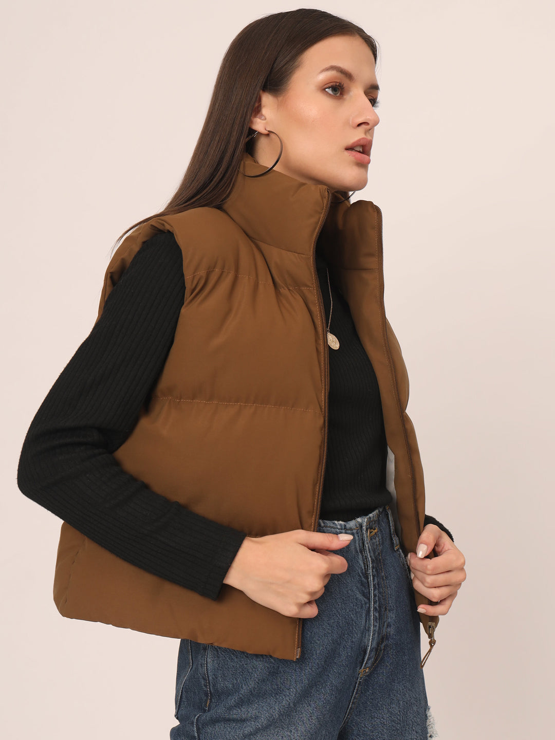 Women Puff Jacket-Brown With Pocket