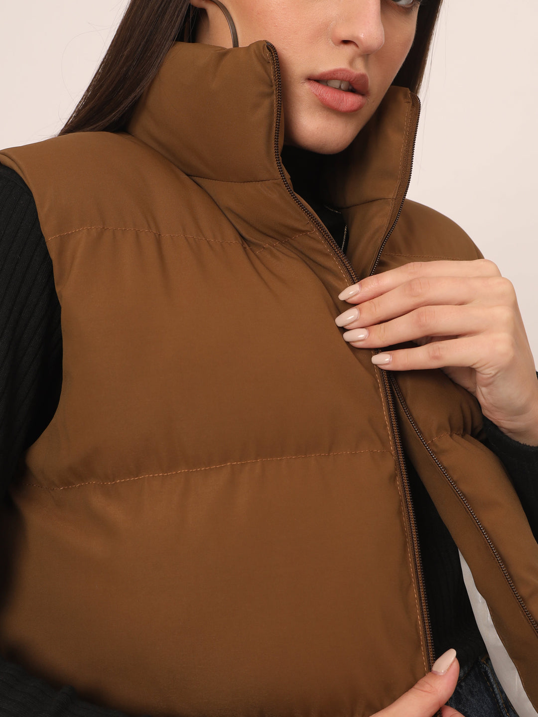 Women Puff Jacket-Brown With Pocket