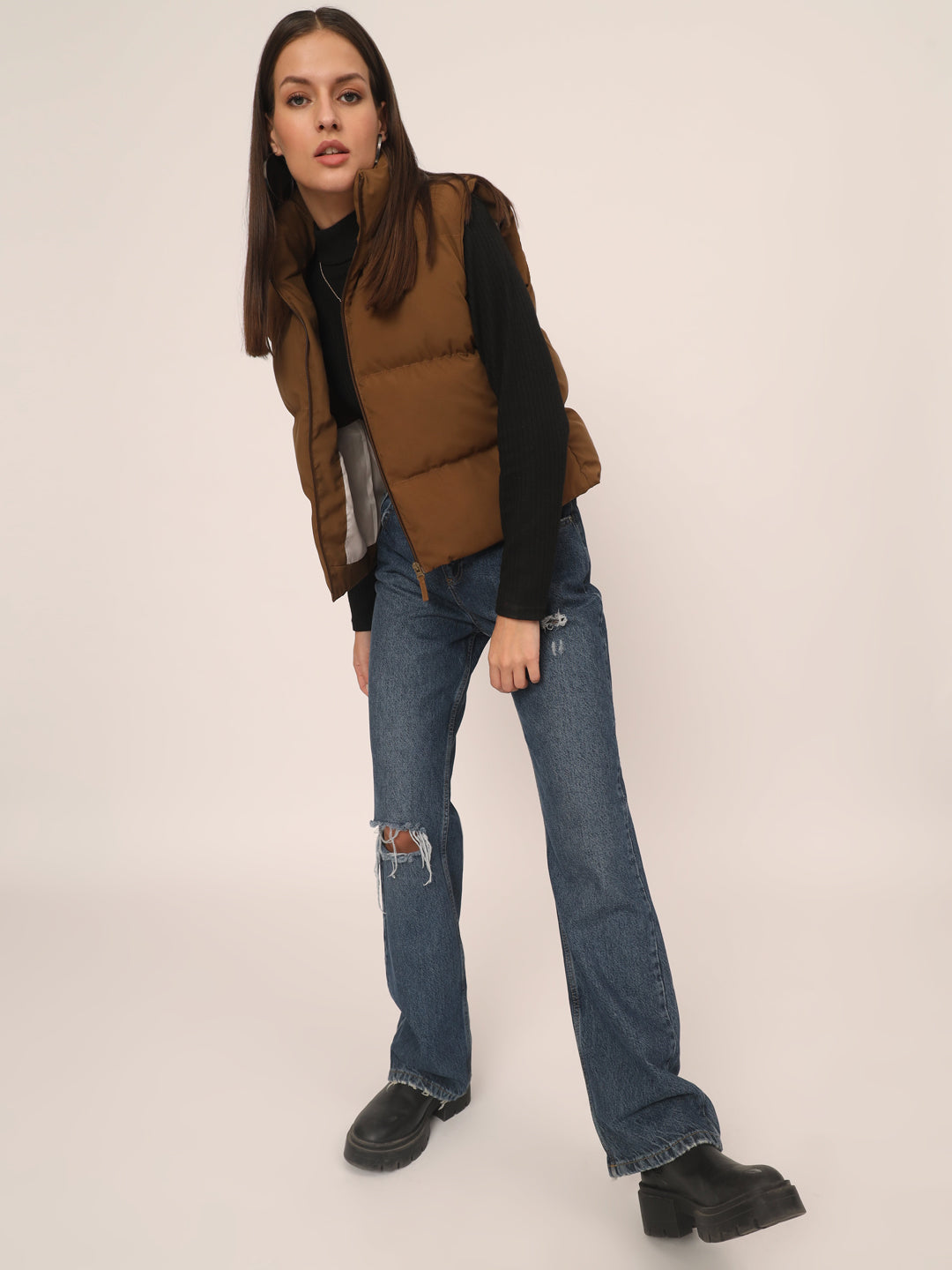 Women Puff Jacket-Brown With Pocket