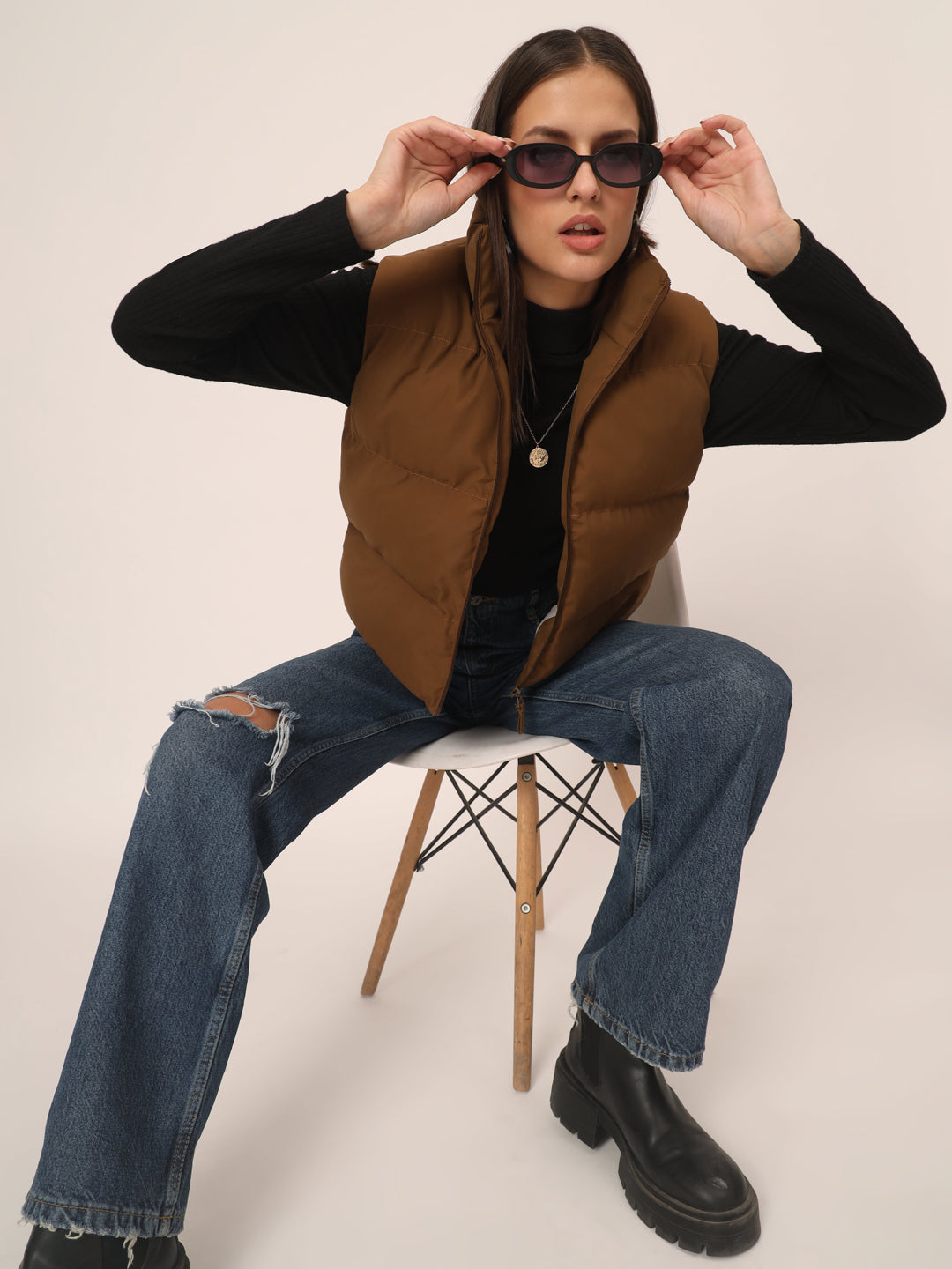 Women Puff Jacket-Brown With Pocket