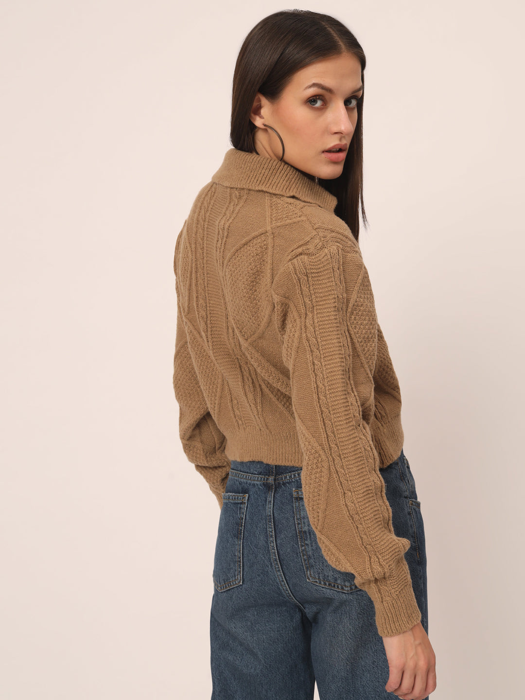 WOMEN KNIT ZIPPER-BROWN