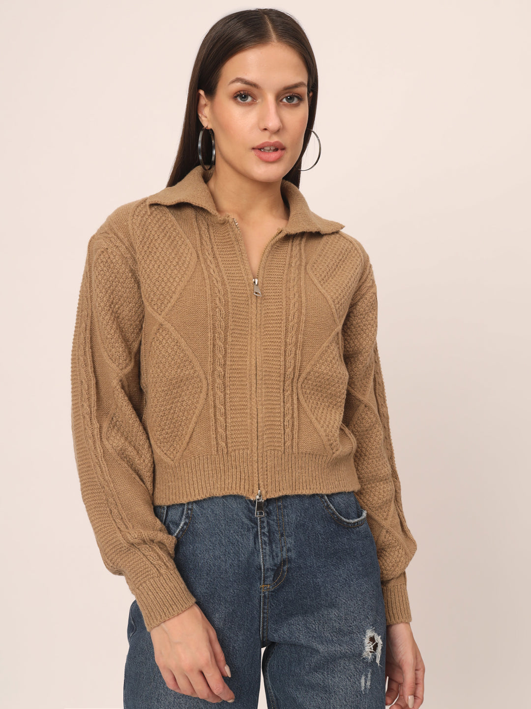 WOMEN KNIT ZIPPER-BROWN