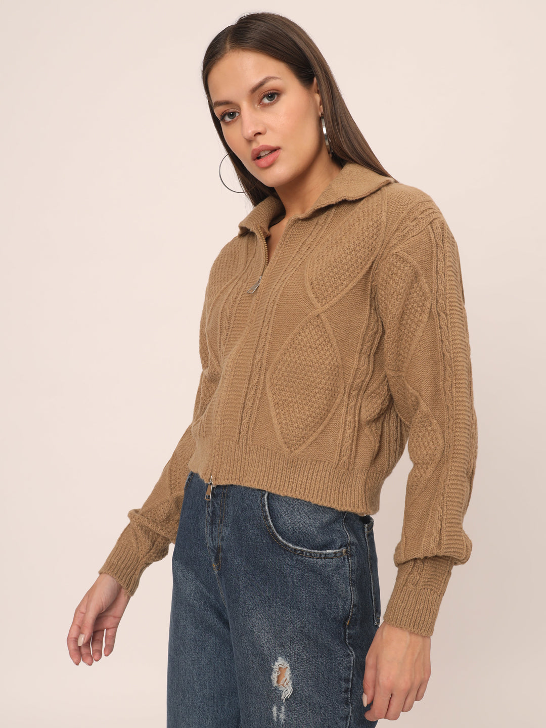 WOMEN KNIT ZIPPER-BROWN