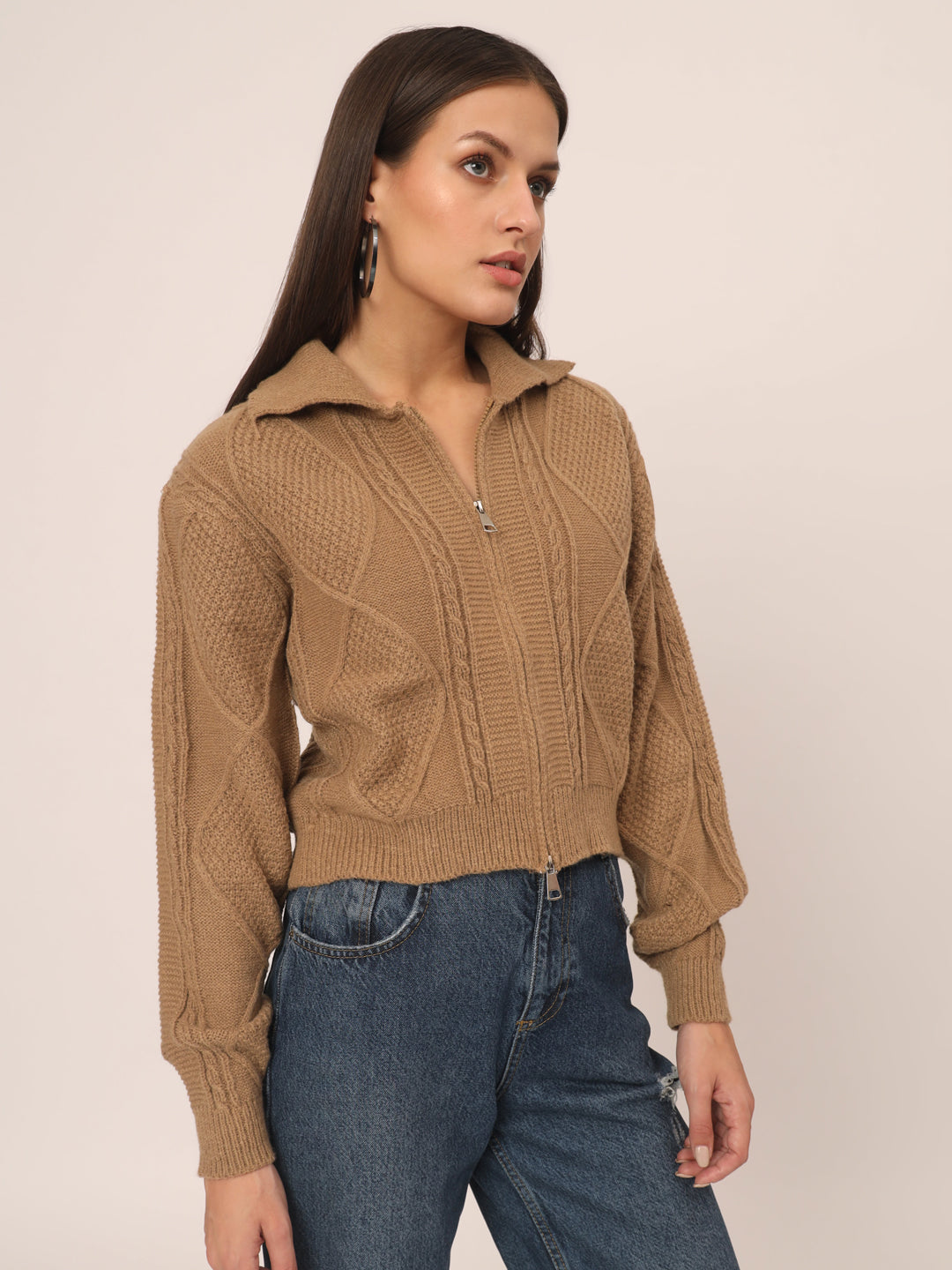 WOMEN KNIT ZIPPER-BROWN