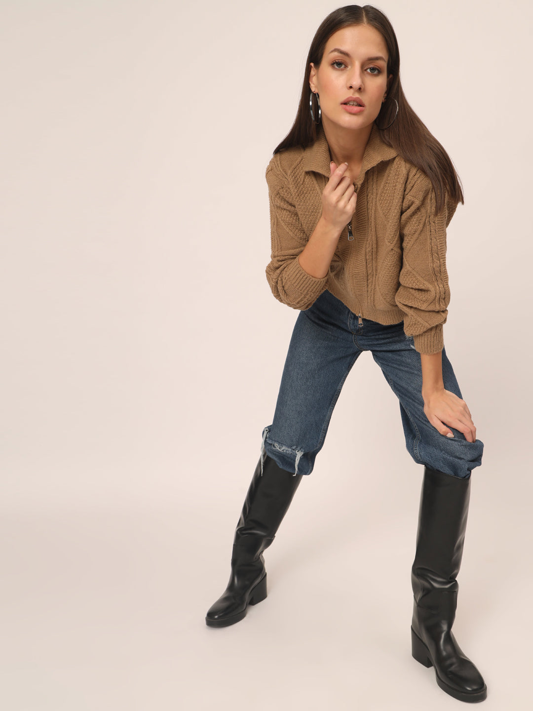 WOMEN KNIT ZIPPER-BROWN