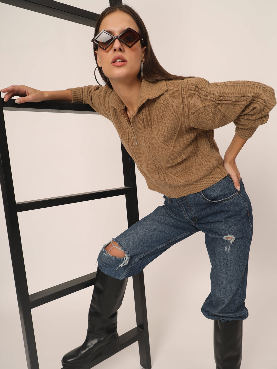 WOMEN KNIT ZIPPER-BROWN