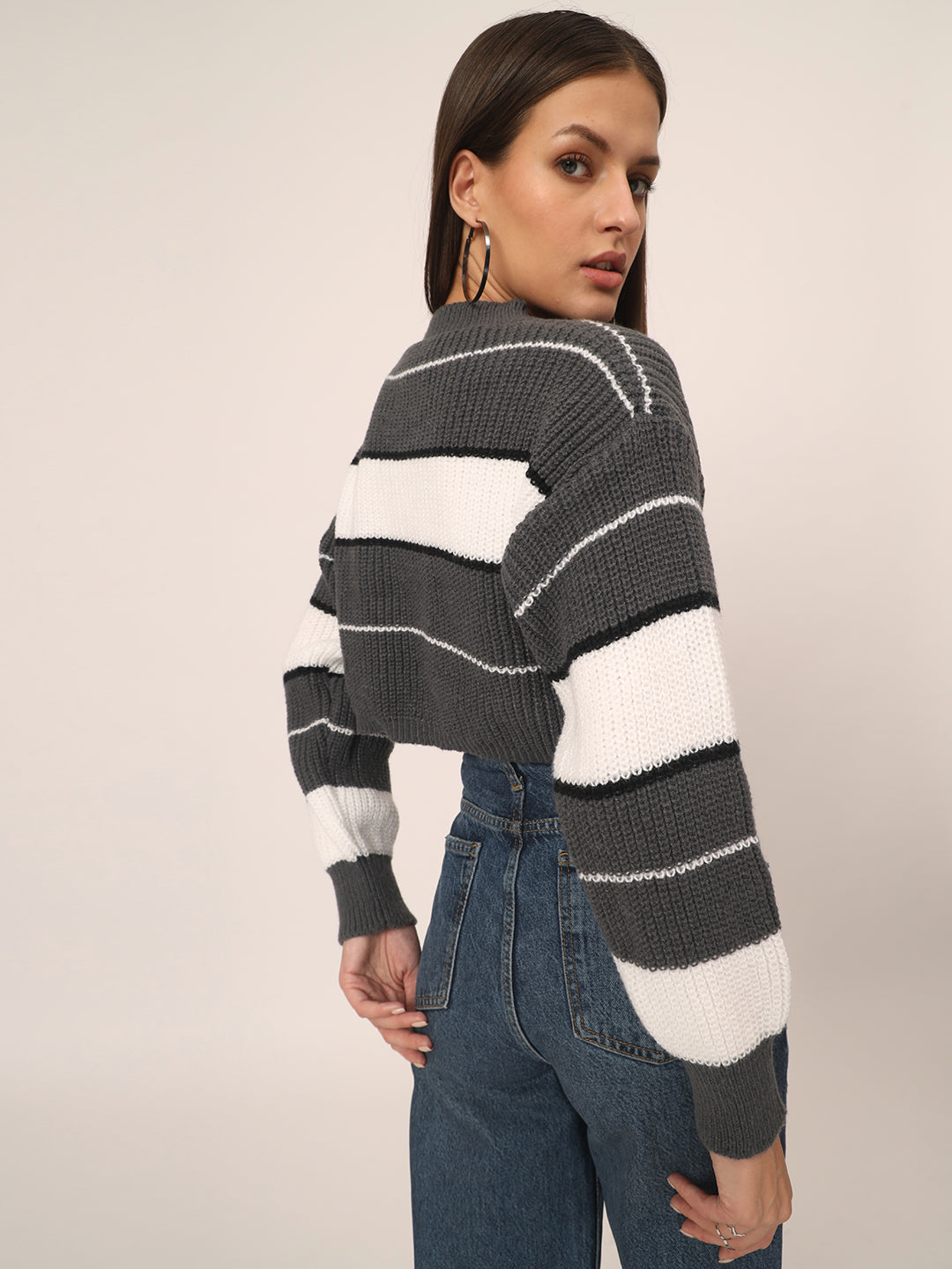 WOMEN GREY STRIPES CROP JUMPER