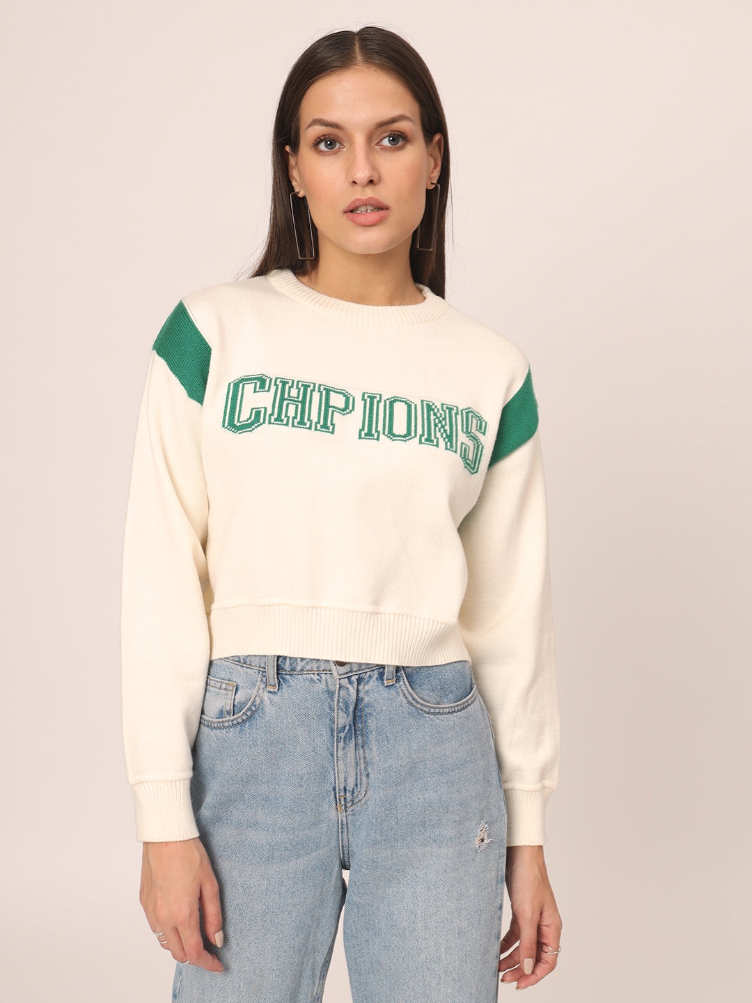 WOMEN CROP JUMPER GREEN AND WHITE