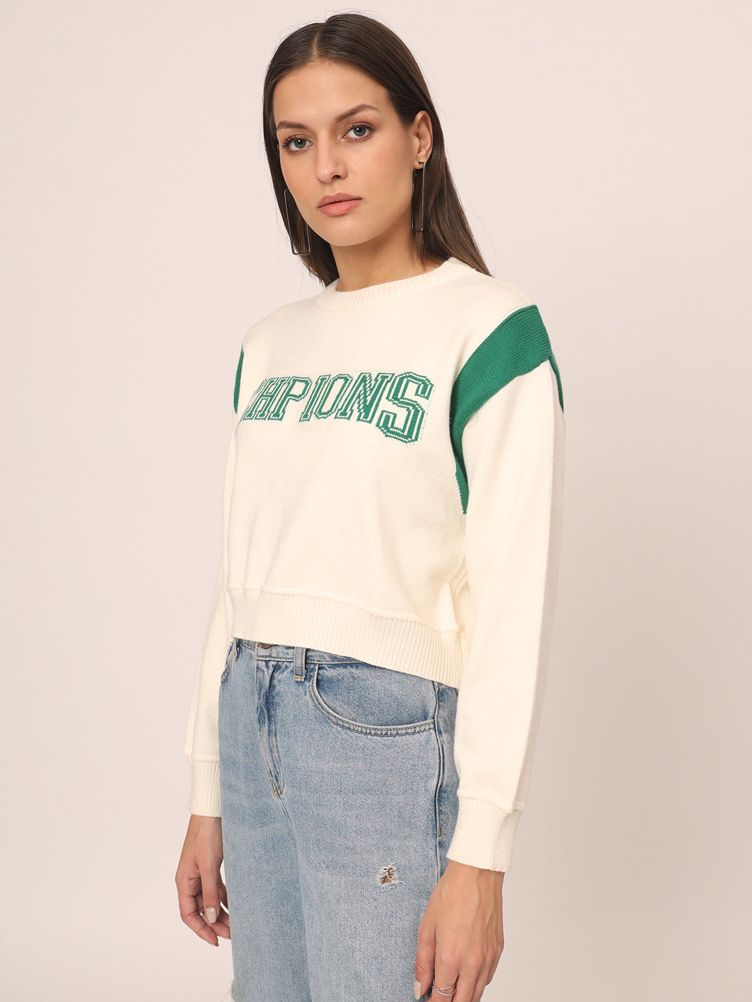 WOMEN CROP JUMPER GREEN AND WHITE