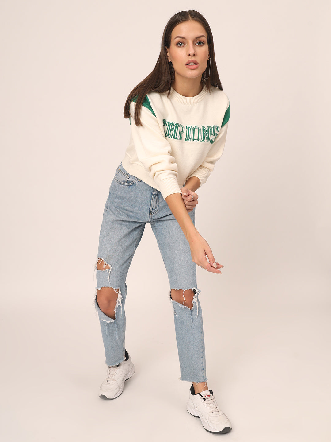 WOMEN CROP JUMPER GREEN AND WHITE